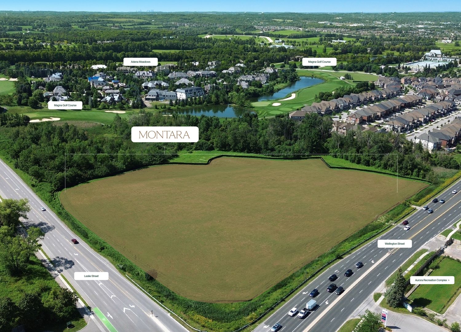 Aerial view of the Montara Aurora site at Leslie Street and Wellington Street East, near Magna Golf Course and Adena Meadows