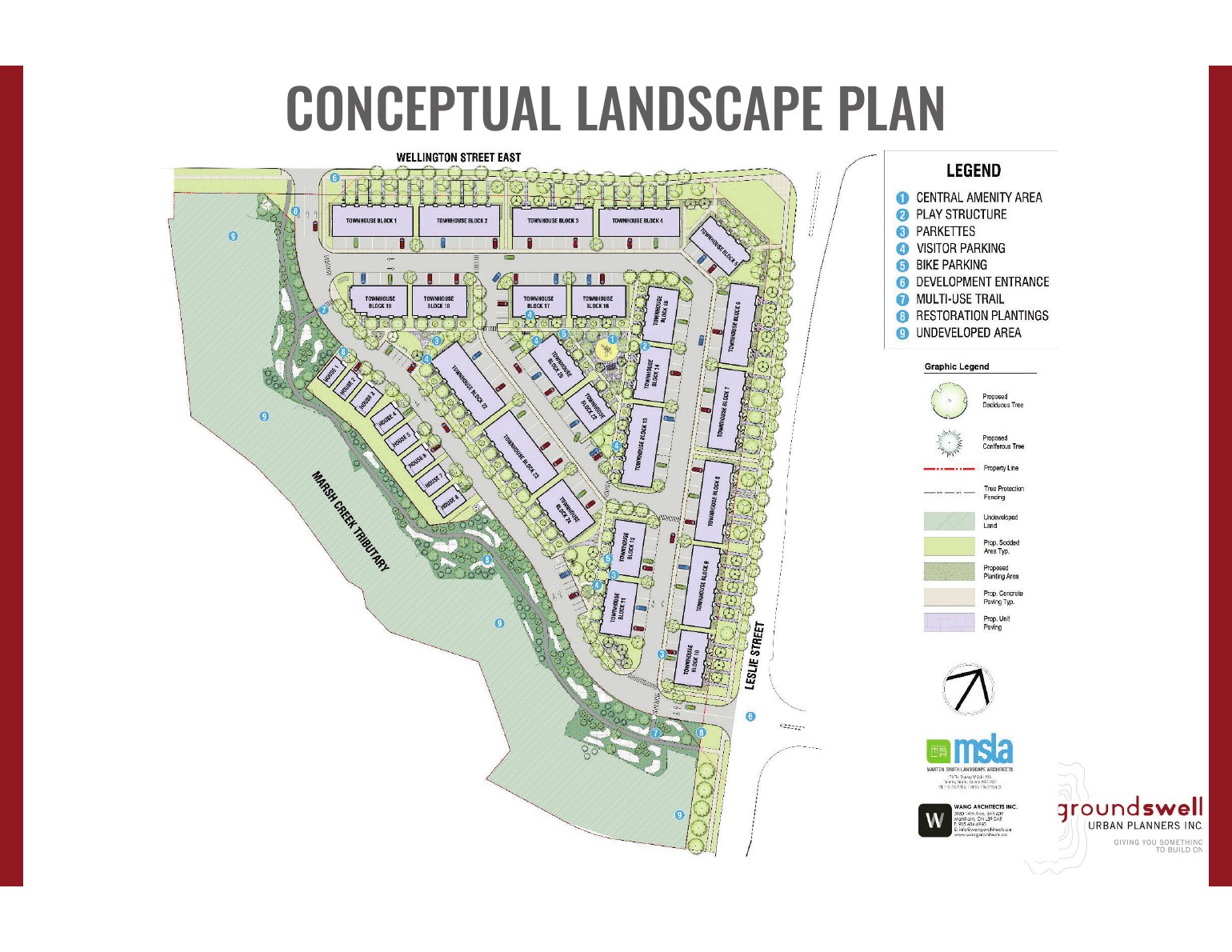 Conceptual landscape site plan for Montara Aurora showing townhouse blocks 1-19 and detached homes near Marsh Creek
